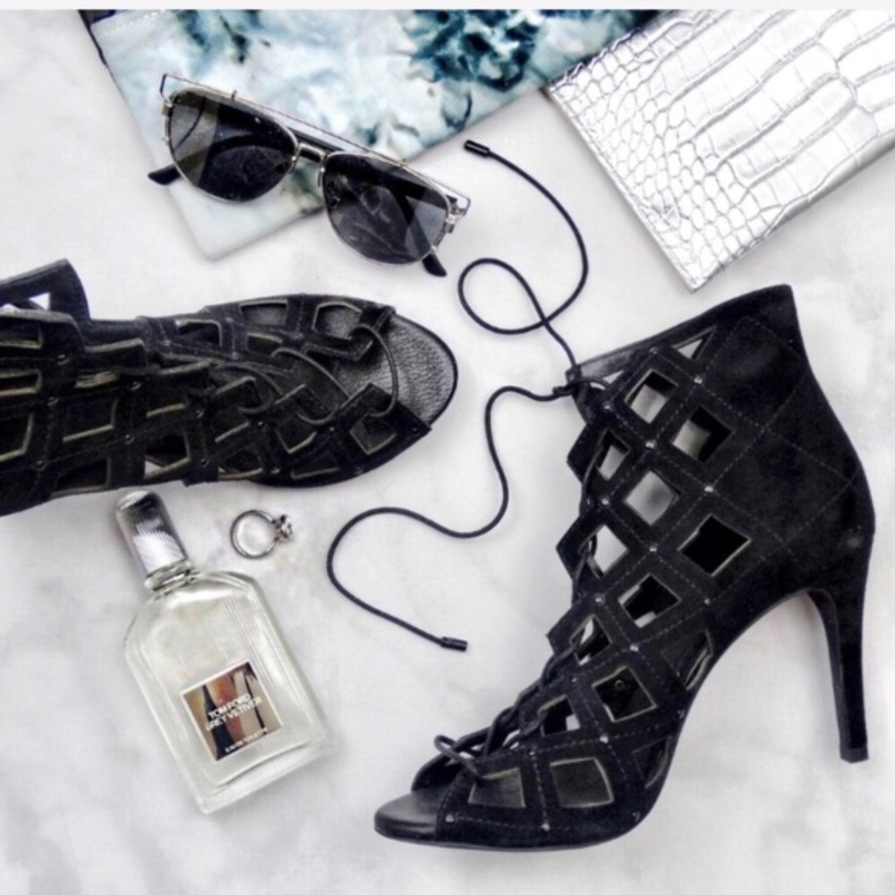 Joie Black Suede Lace Up Lattice Cage Sandals